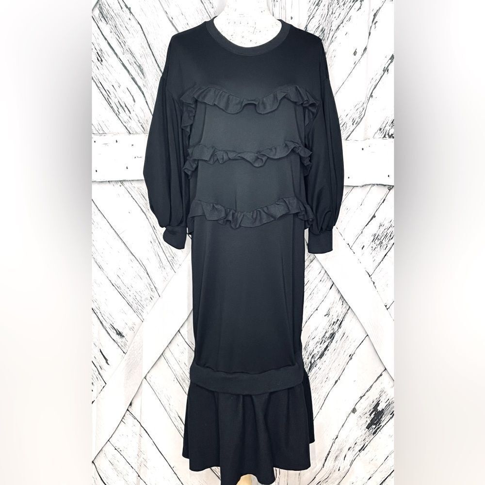 NWT Kosmios Dress Midi Ruffles Puffy Sleeves Black Oversized Small
